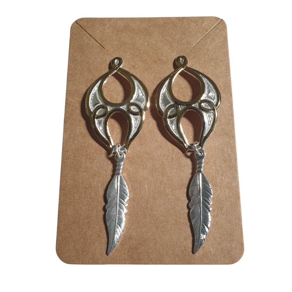 Gold Silver Drop Earrings Feather Dangle Design Stud Boho Chic Pierced Jewelry